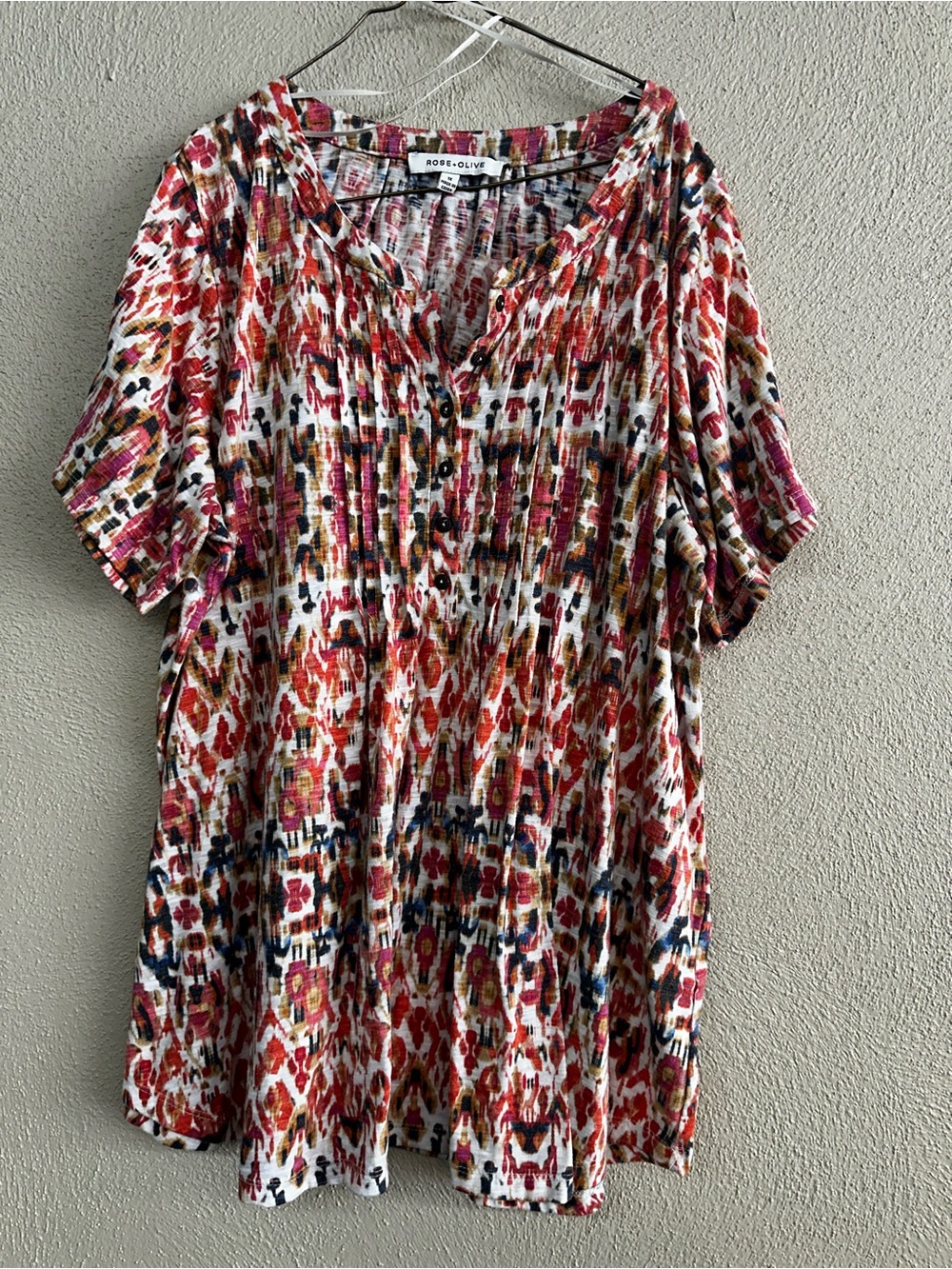 Rose & Olive Red Multi-Color V-Neck Tunic with Pink and Navy Accents